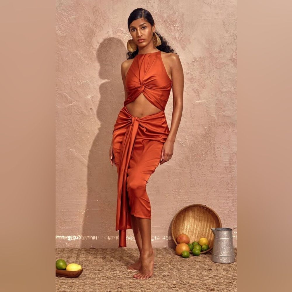 NEW Andrea Iyamah Reni Orange Cut-Out Knotted Midi Dress Goddess Glam Large